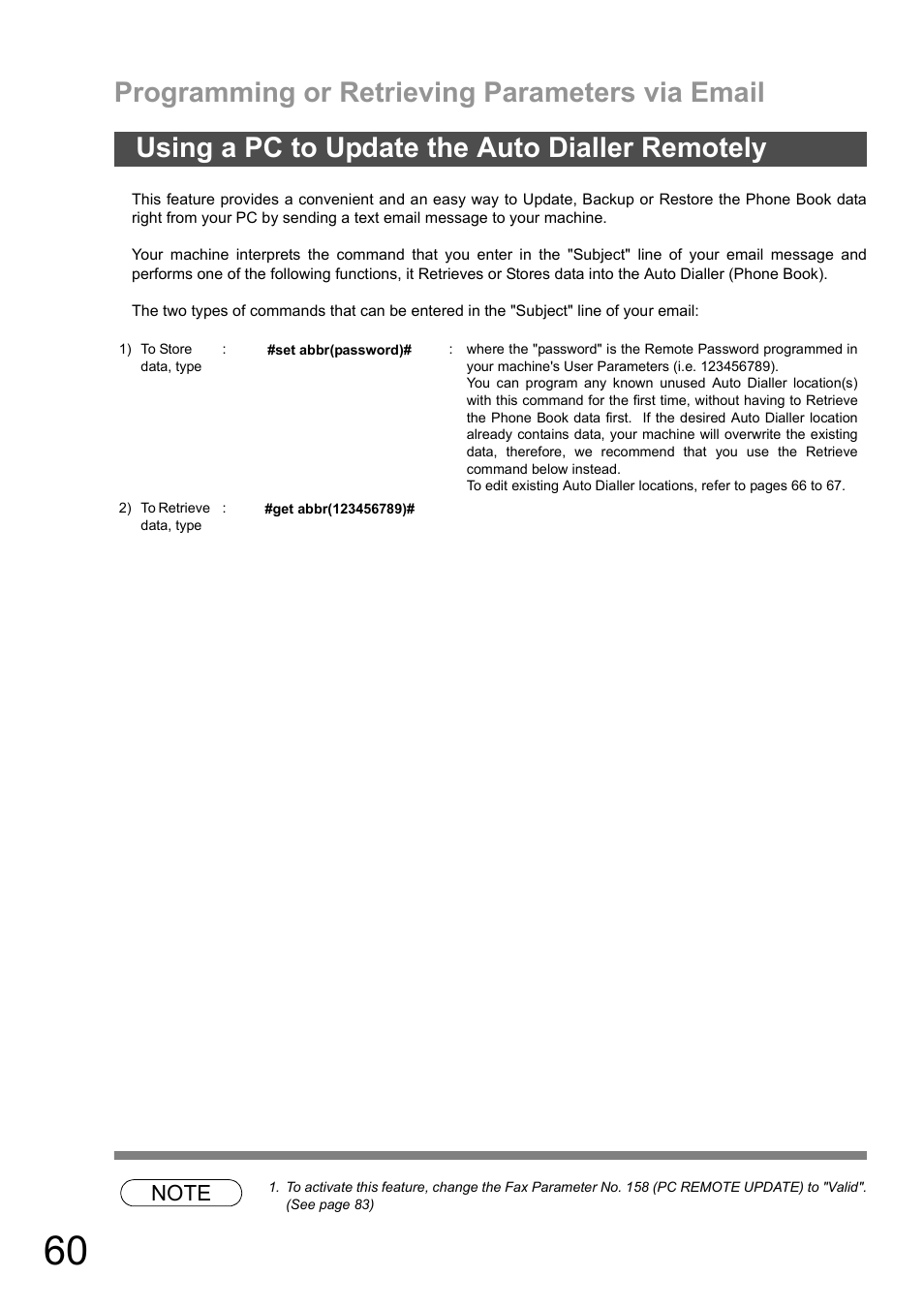 Using a pc to update the auto dialler remotely, Programming or retrieving parameters via email | Panasonic DX-600 User Manual | Page 60 / 255
