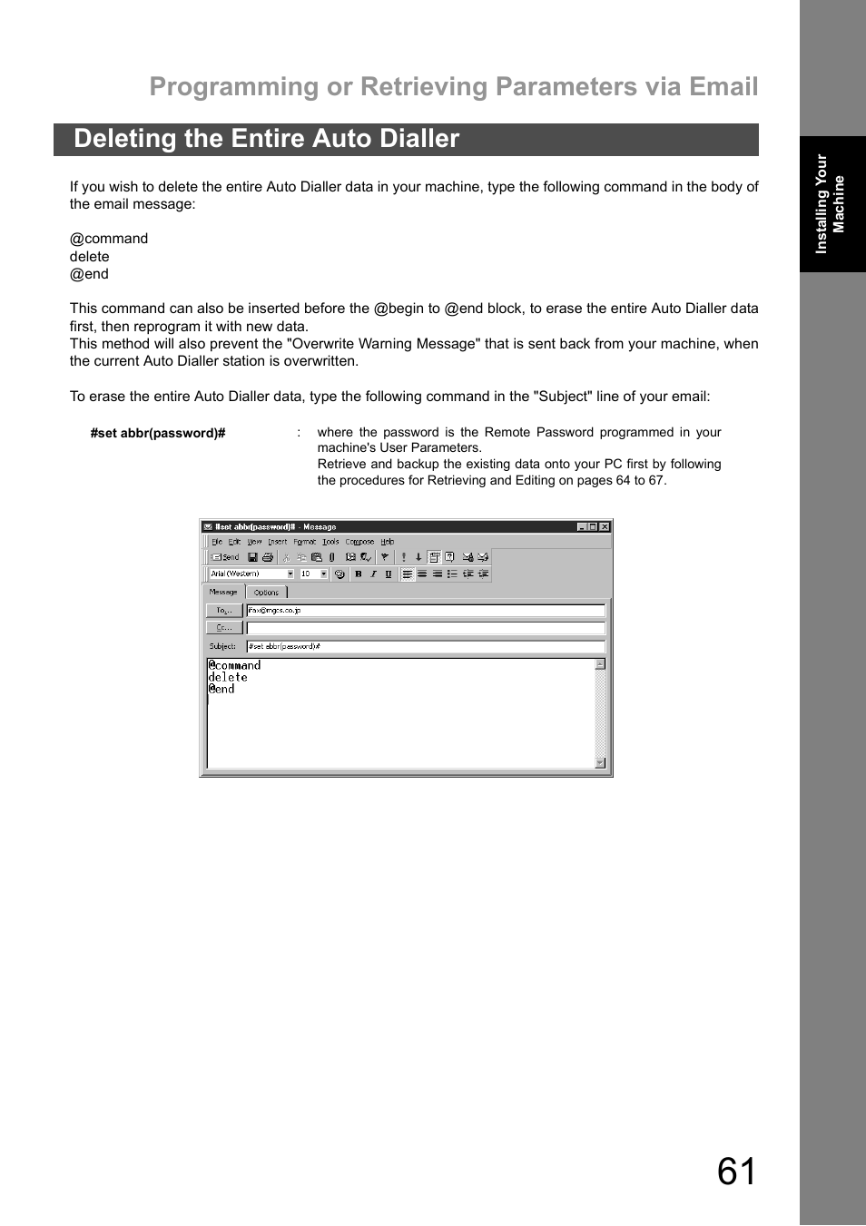 Deleting the entire auto dialler, Programming or retrieving parameters via email | Panasonic DX-600 User Manual | Page 61 / 255