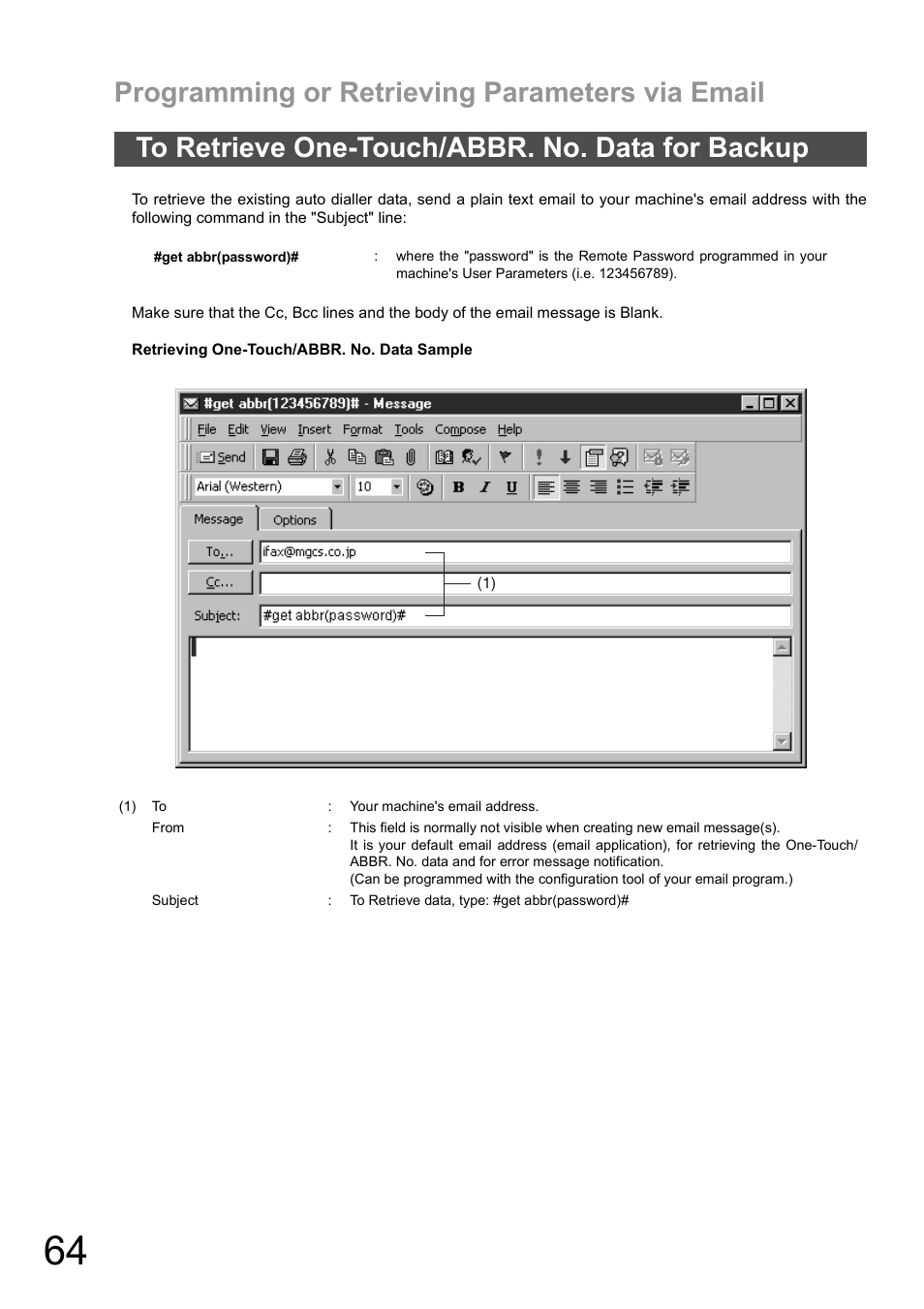To retrieve one-touch/abbr. no. data for backup, Programming or retrieving parameters via email | Panasonic DX-600 User Manual | Page 64 / 255