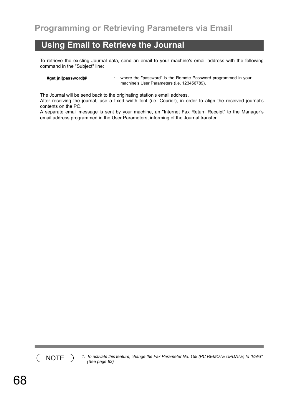 Using email to retrieve the journal, Programming or retrieving parameters via email | Panasonic DX-600 User Manual | Page 68 / 255