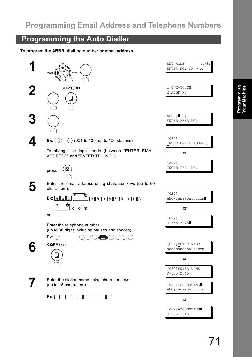 Programming email address and telephone numbers, Programming the auto dialler | Panasonic DX-600 User Manual | Page 71 / 255