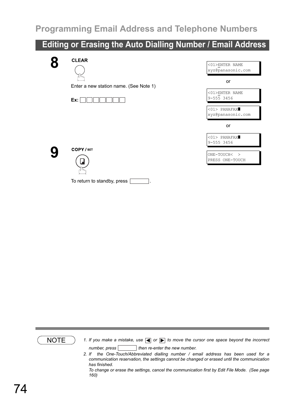 Programming email address and telephone numbers | Panasonic DX-600 User Manual | Page 74 / 255