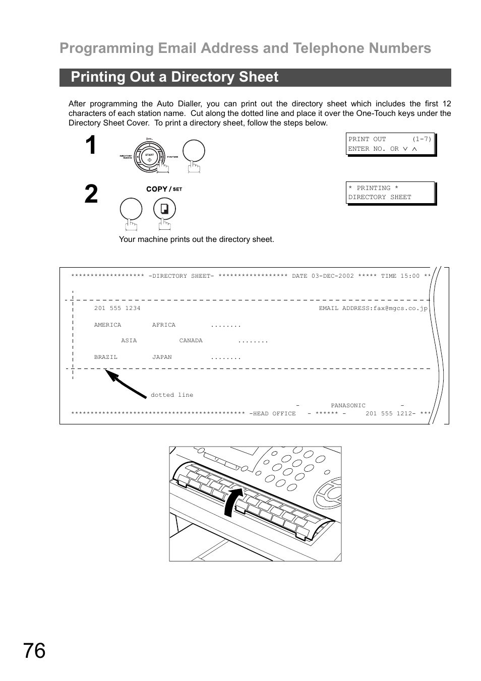 Printing out a directory sheet, Programming email address and telephone numbers | Panasonic DX-600 User Manual | Page 76 / 255