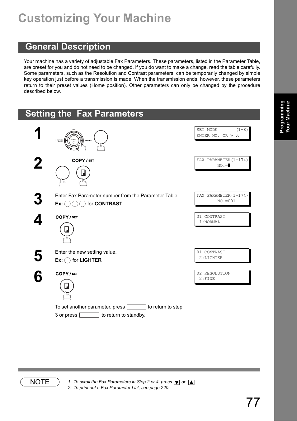 Customizing your machine, General description, Setting the fax parameters | General description setting the fax parameters | Panasonic DX-600 User Manual | Page 77 / 255