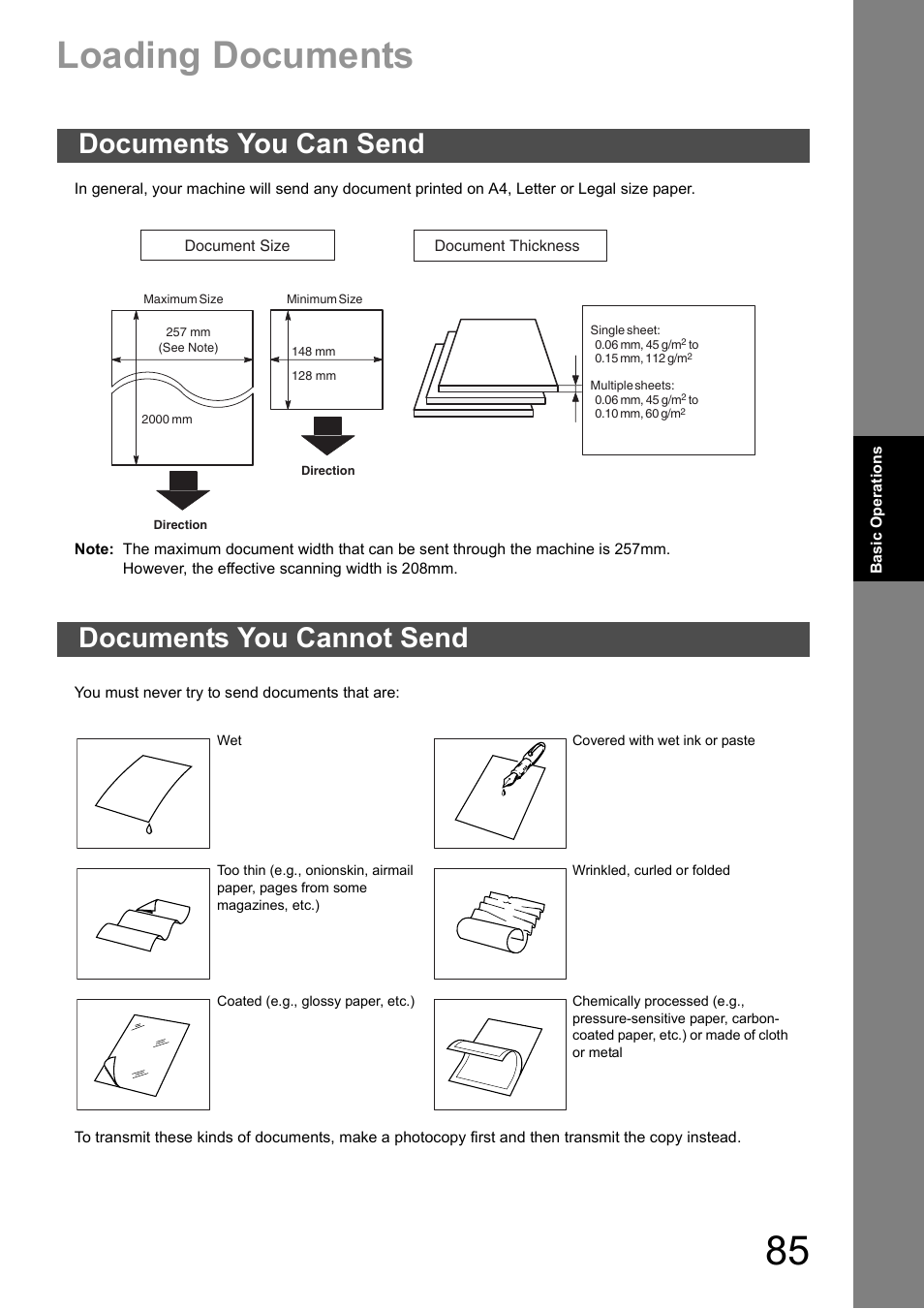 Basic operations, Loading documents, Documents you can send | Documents you cannot send, Documents you can send documents you cannot send, Document size, Document thickness, Bas ic o p er at io n s basic operations | Panasonic DX-600 User Manual | Page 85 / 255