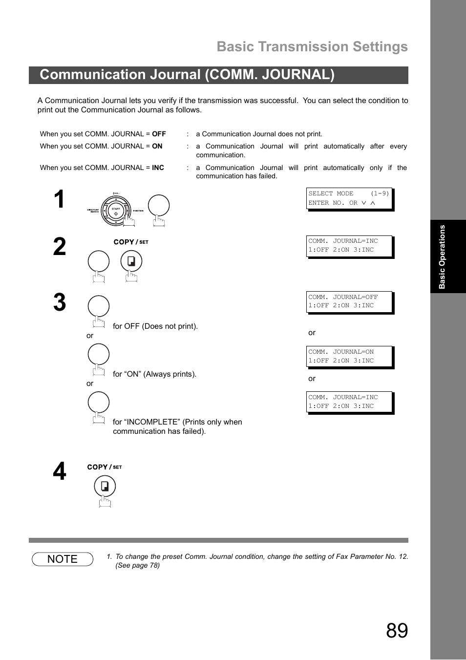 Communication journal (comm. journal), Basic transmission settings | Panasonic DX-600 User Manual | Page 89 / 255