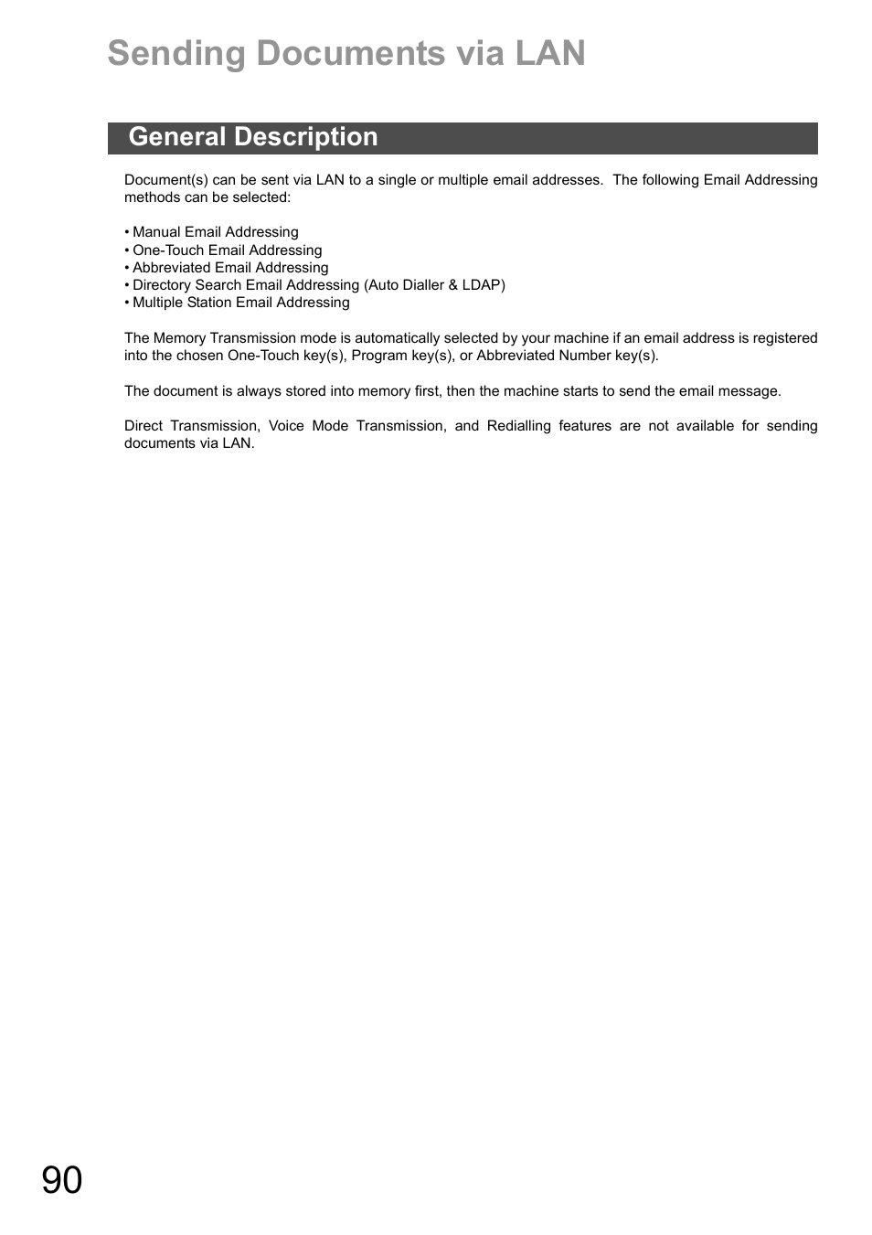 Sending documents via lan, General description | Panasonic DX-600 User Manual | Page 90 / 255
