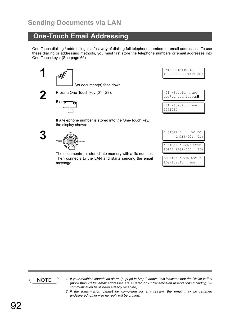 One-touch email addressing, Sending documents via lan | Panasonic DX-600 User Manual | Page 92 / 255