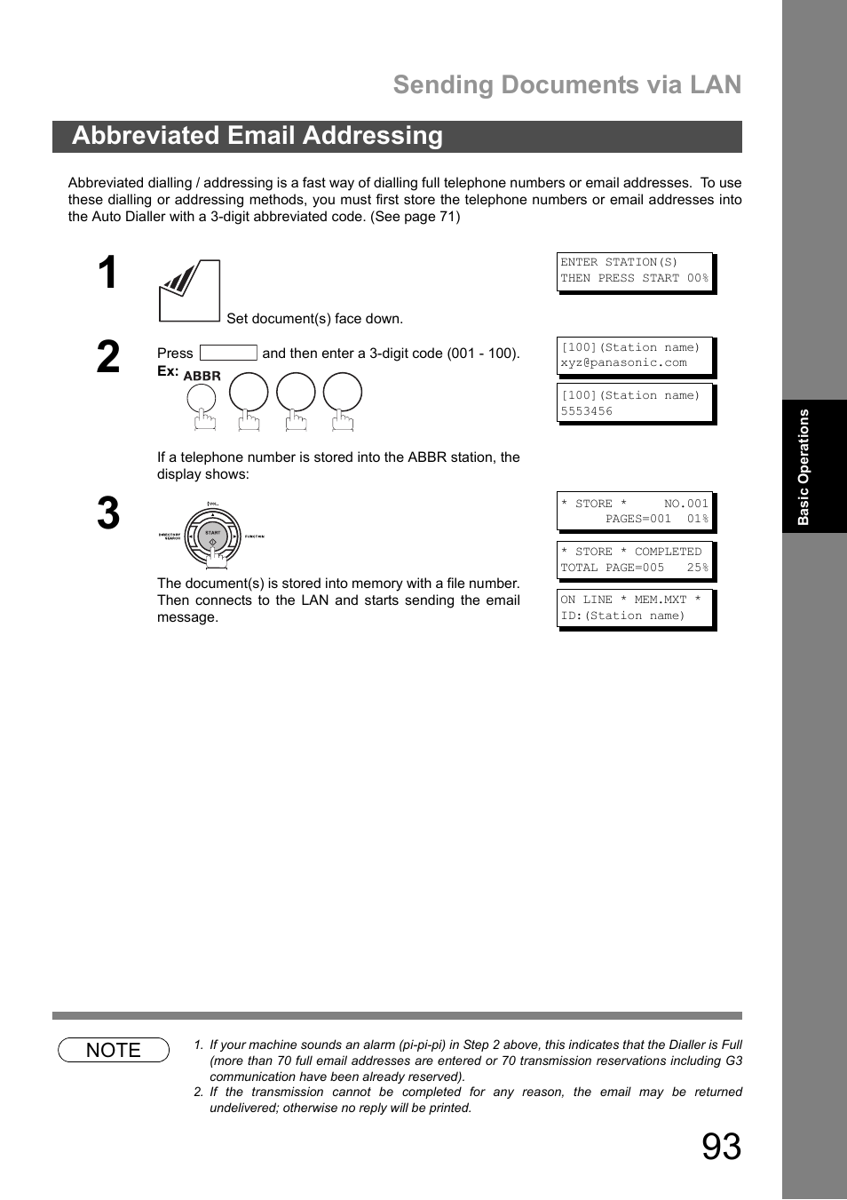Abbreviated email addressing, Sending documents via lan | Panasonic DX-600 User Manual | Page 93 / 255