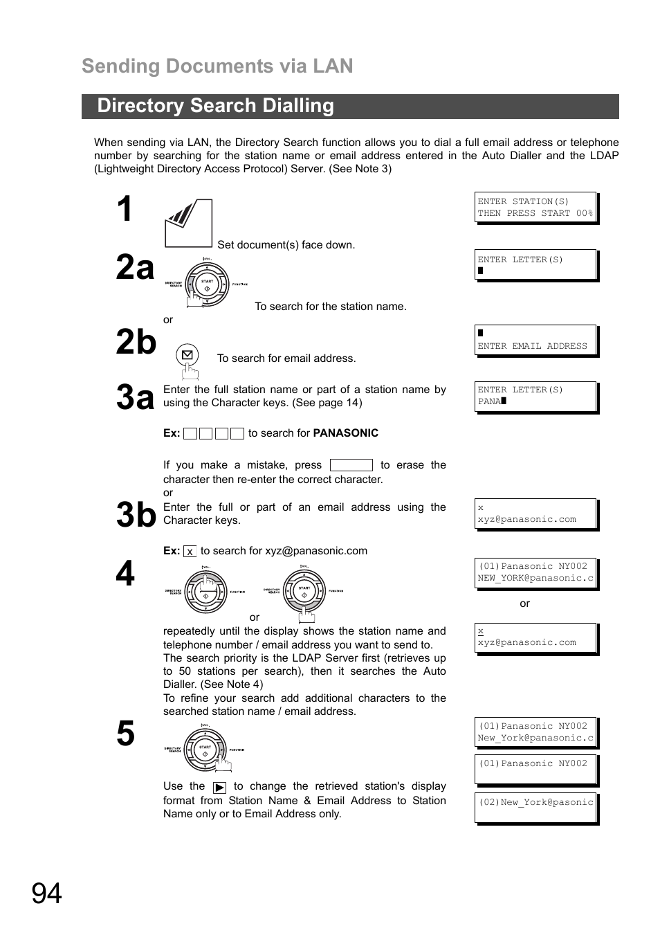 Directory search dialling, Sending documents via lan | Panasonic DX-600 User Manual | Page 94 / 255