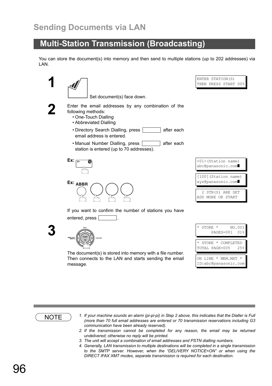 Multi-station transmission (broadcasting), Sending documents via lan | Panasonic DX-600 User Manual | Page 96 / 255