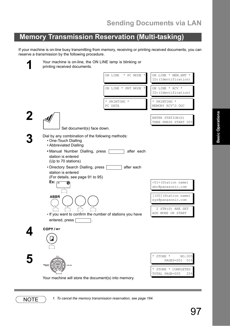 Memory transmission reservation (multi-tasking), Sending documents via lan | Panasonic DX-600 User Manual | Page 97 / 255