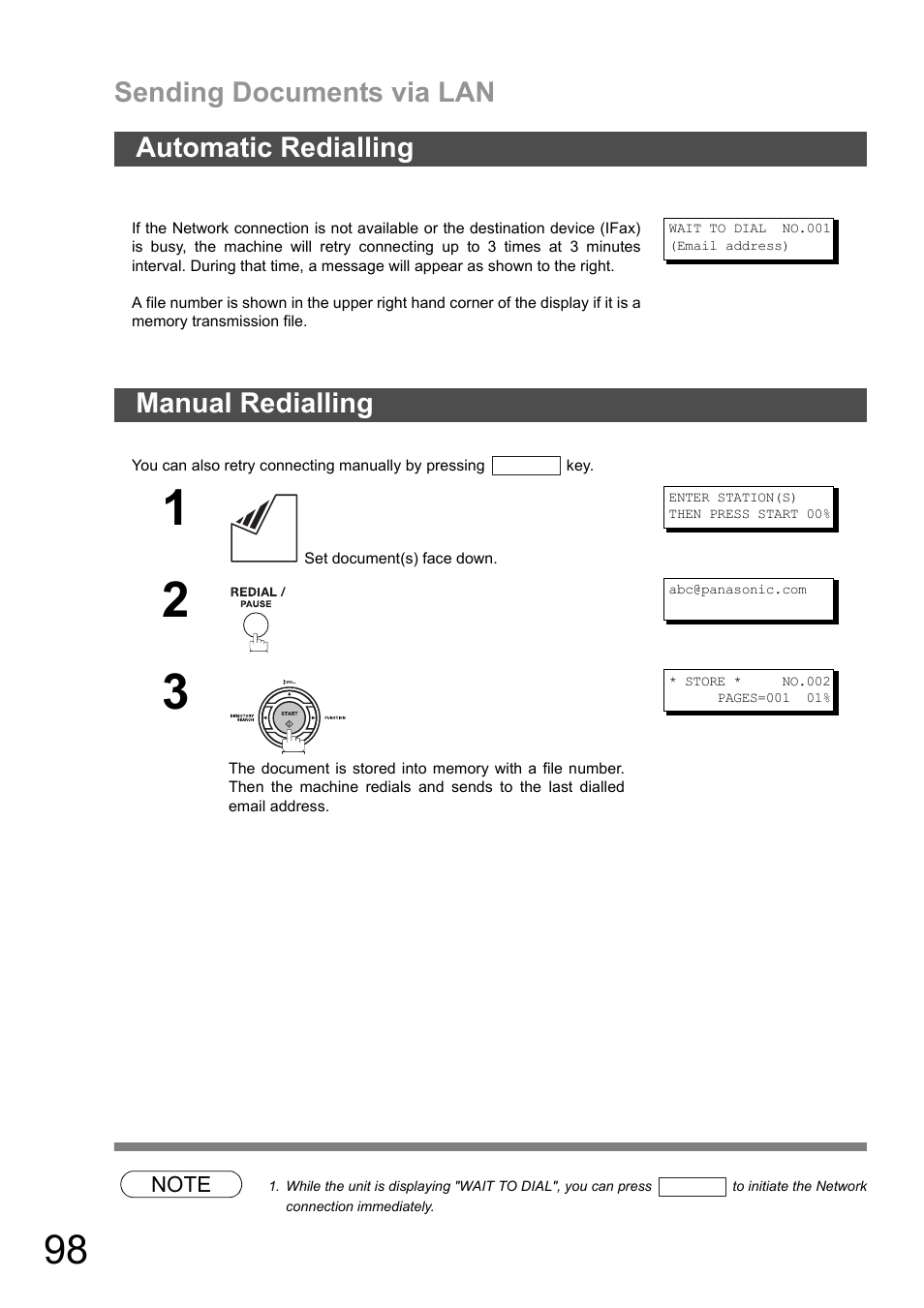 Automatic redialling, Manual redialling, Automatic redialling manual redialling | Sending documents via lan | Panasonic DX-600 User Manual | Page 98 / 255