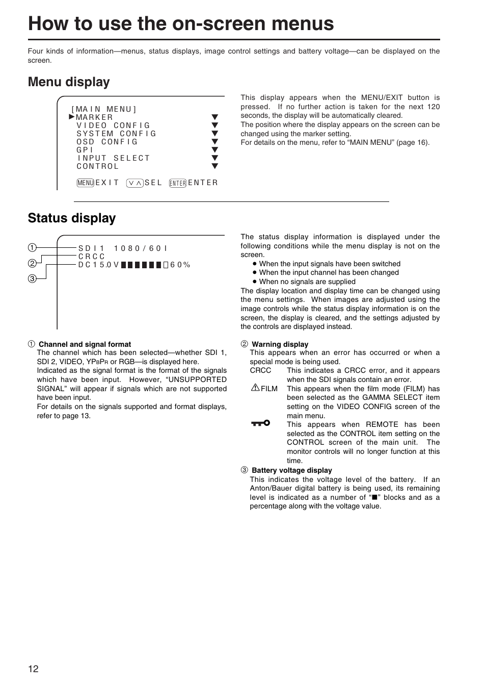 How to use the on-screen menus, Menu display, Status display | Panasonic BT-LH900A User Manual | Page 12 / 32
