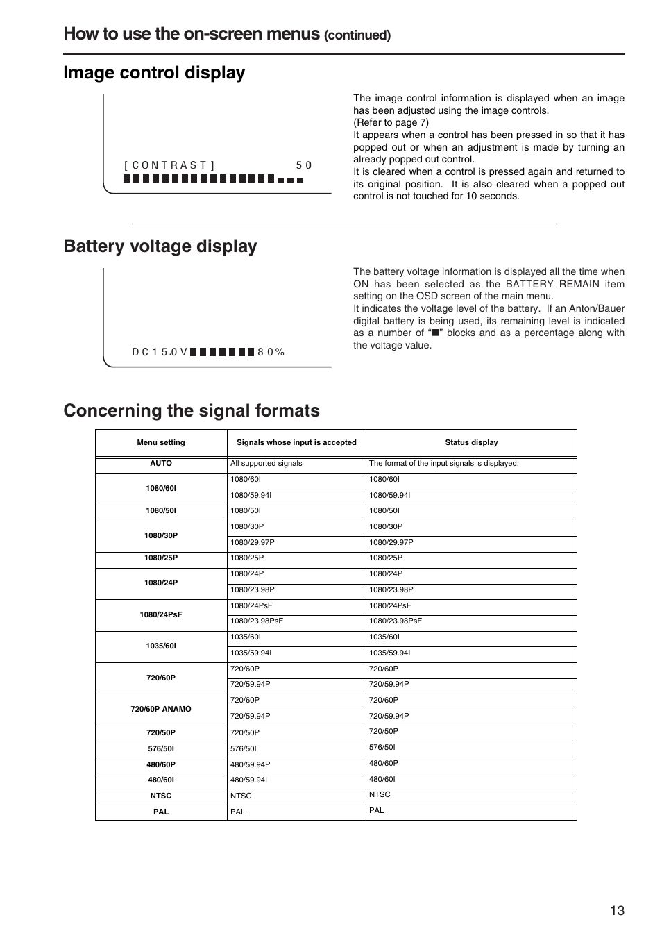 How to use the on-screen menus, Image control display, Continued) | Panasonic BT-LH900A User Manual | Page 13 / 32