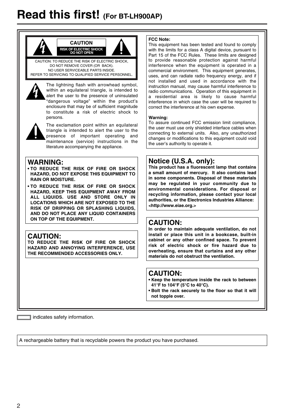 Read this first, For bt-lh900ap), Warning | Caution, Notice (u.s.a. only) | Panasonic BT-LH900A User Manual | Page 2 / 32