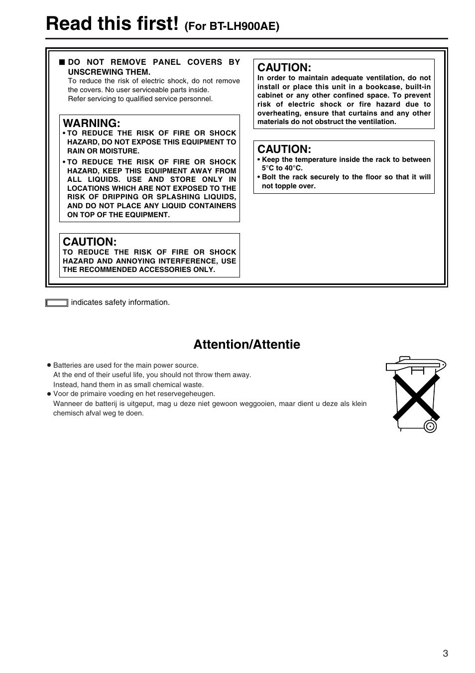 Read this first, Attention/attentie, For bt-lh900ae) | Warning, Caution | Panasonic BT-LH900A User Manual | Page 3 / 32