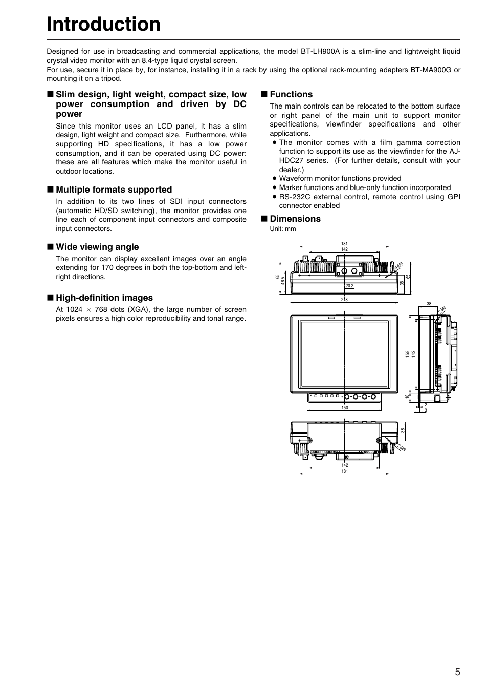 Introduction, Multiple formats supported, Wide viewing angle | High-definition images, Functions, Dimensions | Panasonic BT-LH900A User Manual | Page 5 / 32