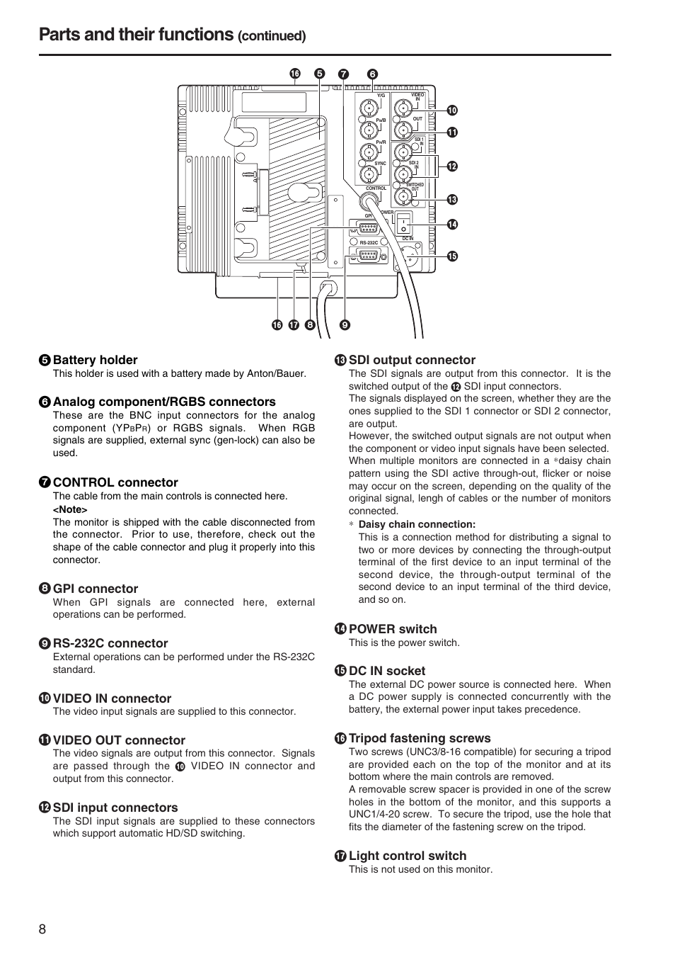 Parts and their functions, Continued), Video out connector | Sdi input connectors, Sdi output connector, Dc in socket, A light control switch, Tripod fastening screws, Power switch, 8 gpi connector | Panasonic BT-LH900A User Manual | Page 8 / 32