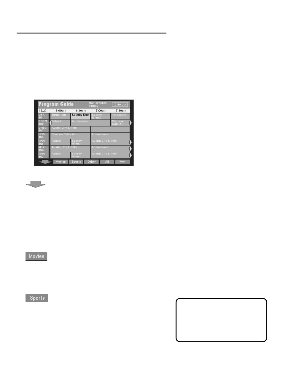 Sorting the grid and info guides, Using the sorting buttons, Program guides sorting the grid and info guides | Panasonic TU-IRD20 User Manual | Page 15 / 68
