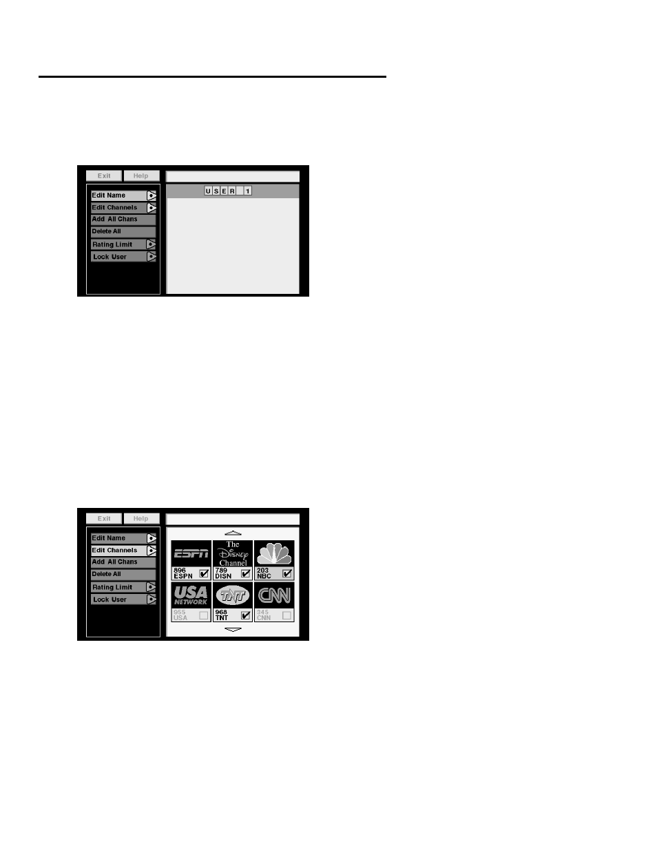 Creating favorite channel lists, Add or delete all channels, Profiles | Editing a user’s name, Editing the channel list | Panasonic TU-IRD20 User Manual | Page 23 / 68