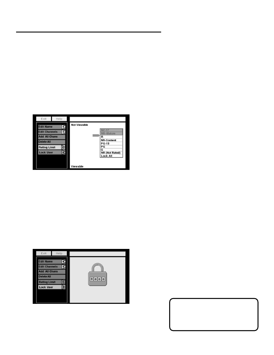 Profiles, Setting the rating limit, Locking a user’s profile | Panasonic TU-IRD20 User Manual | Page 24 / 68