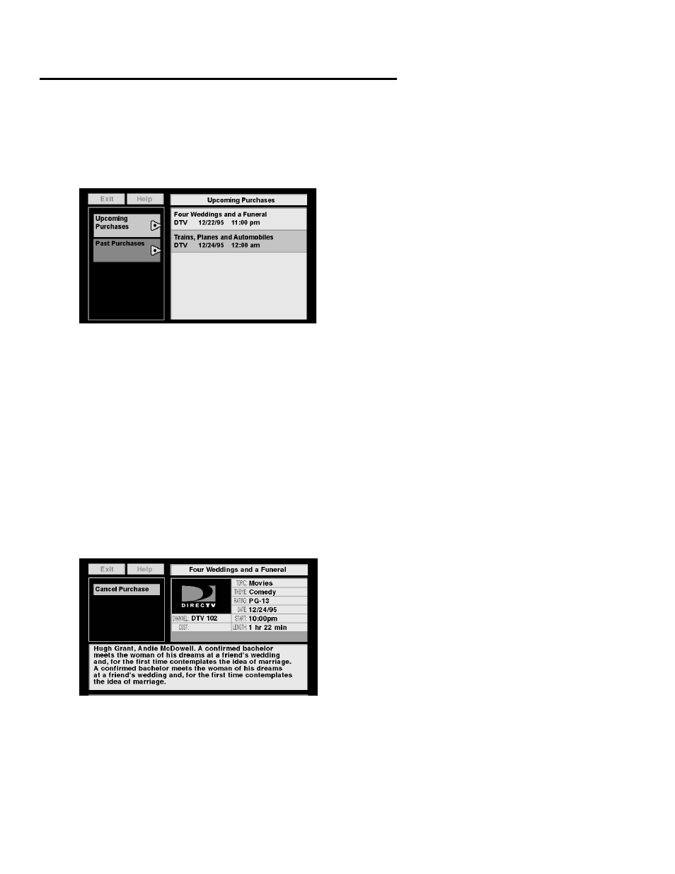 Using the purchases menu, Reviewing and canceling an upcoming purchase, More features | Panasonic TU-IRD20 User Manual | Page 29 / 68