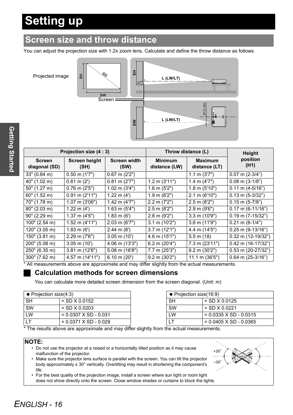 Setting up, Screen size and throw distance, Nglish - 16 | Jcalculation methods for screen dimensions, Getting started | Panasonic PT-LB51NTE User Manual | Page 16 / 56