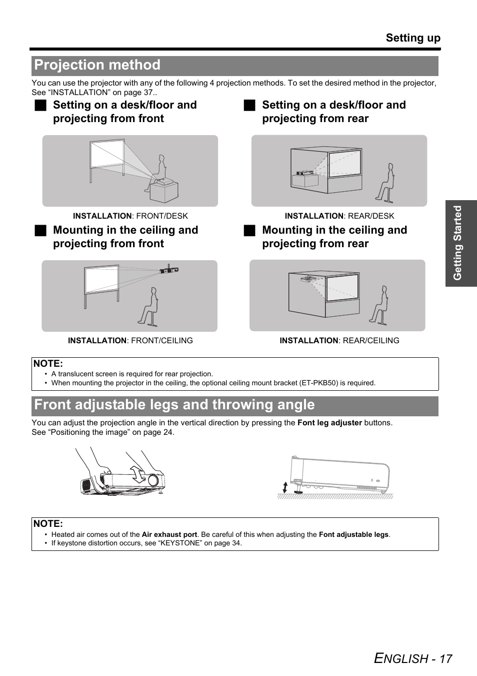 Projection method, Front adjustable legs and throwing angle, Nglish - 17 | Panasonic PT-LB51NTE User Manual | Page 17 / 56