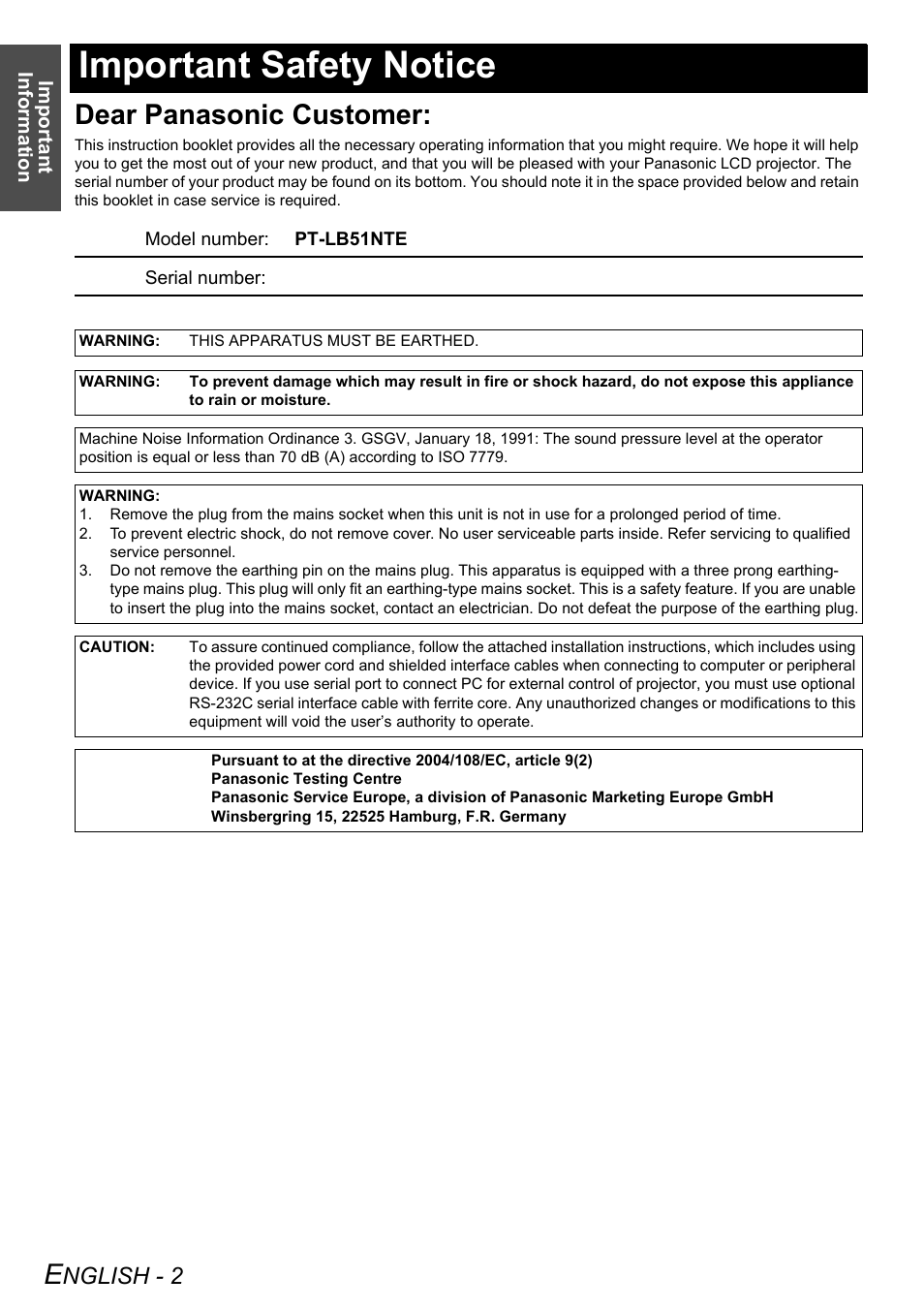 Important safety notice, Dear panasonic customer, Nglish - 2 | Panasonic PT-LB51NTE User Manual | Page 2 / 56