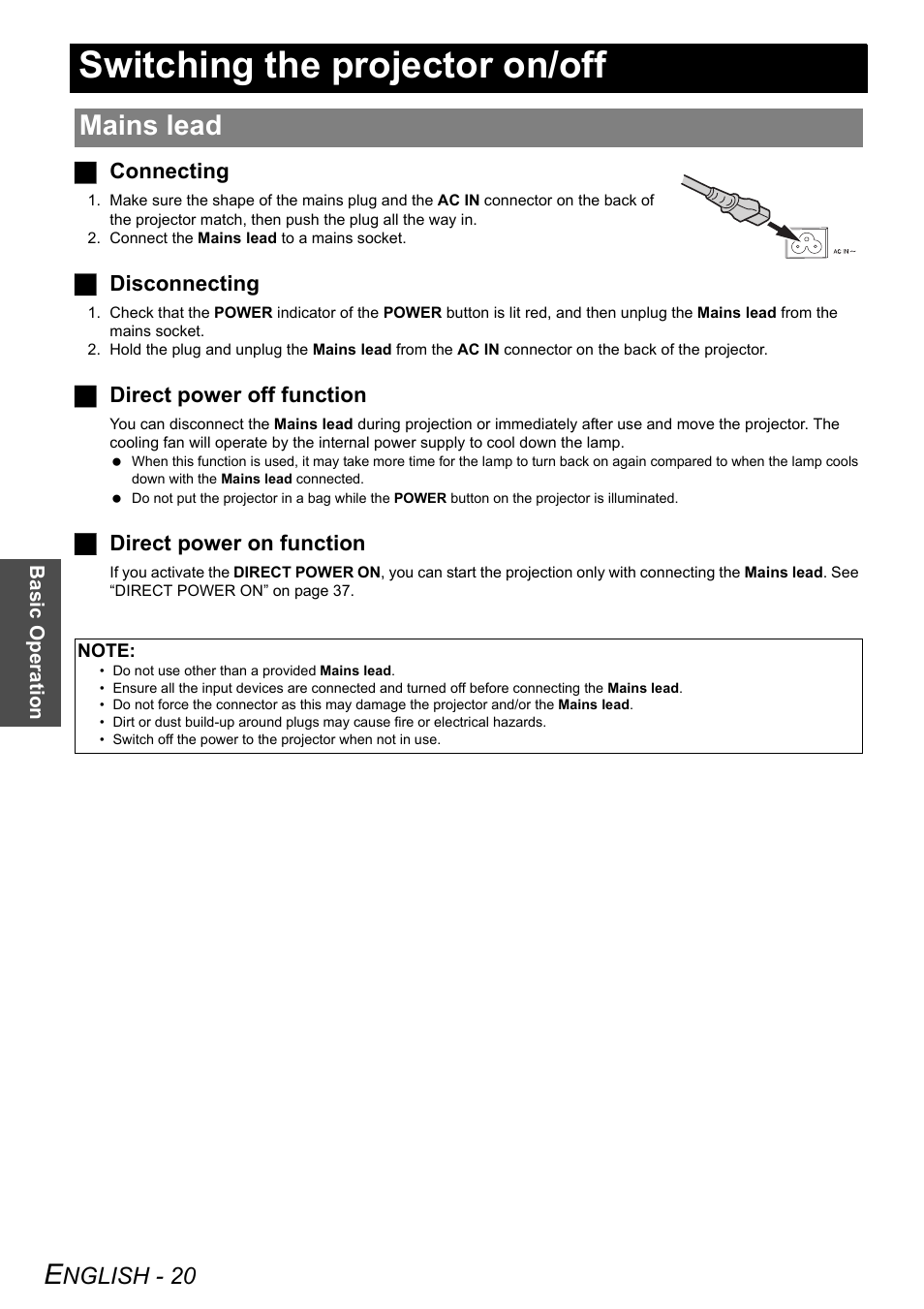 Switching the projector on/off, Mains lead, Nglish - 20 | Panasonic PT-LB51NTE User Manual | Page 20 / 56