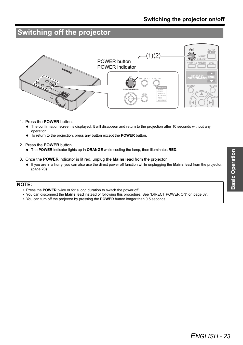 Switching off the projector, Nglish - 23, Switching the projector on/off | Panasonic PT-LB51NTE User Manual | Page 23 / 56