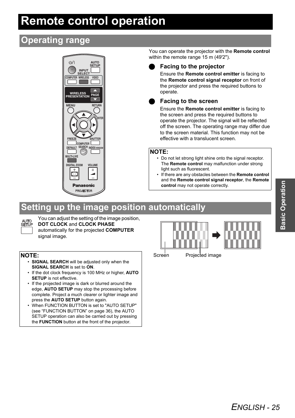 Remote control operation, Operating range, Setting up the image position automatically | Nglish - 25, Basic o p eration, Qfacing to the projector, Qfacing to the screen | Panasonic PT-LB51NTE User Manual | Page 25 / 56