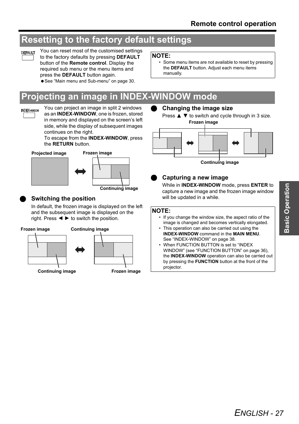 Resetting to the factory default settings, Projecting an image in index-window mode, Nglish - 27 | Remote control operation | Panasonic PT-LB51NTE User Manual | Page 27 / 56