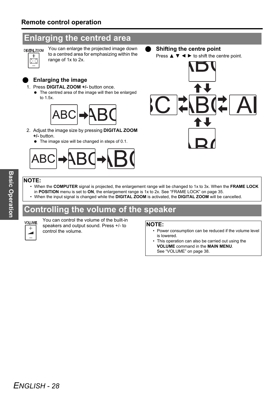 Enlarging the centred area, Controlling the volume of the speaker, Nglish - 28 | Remote control operation | Panasonic PT-LB51NTE User Manual | Page 28 / 56