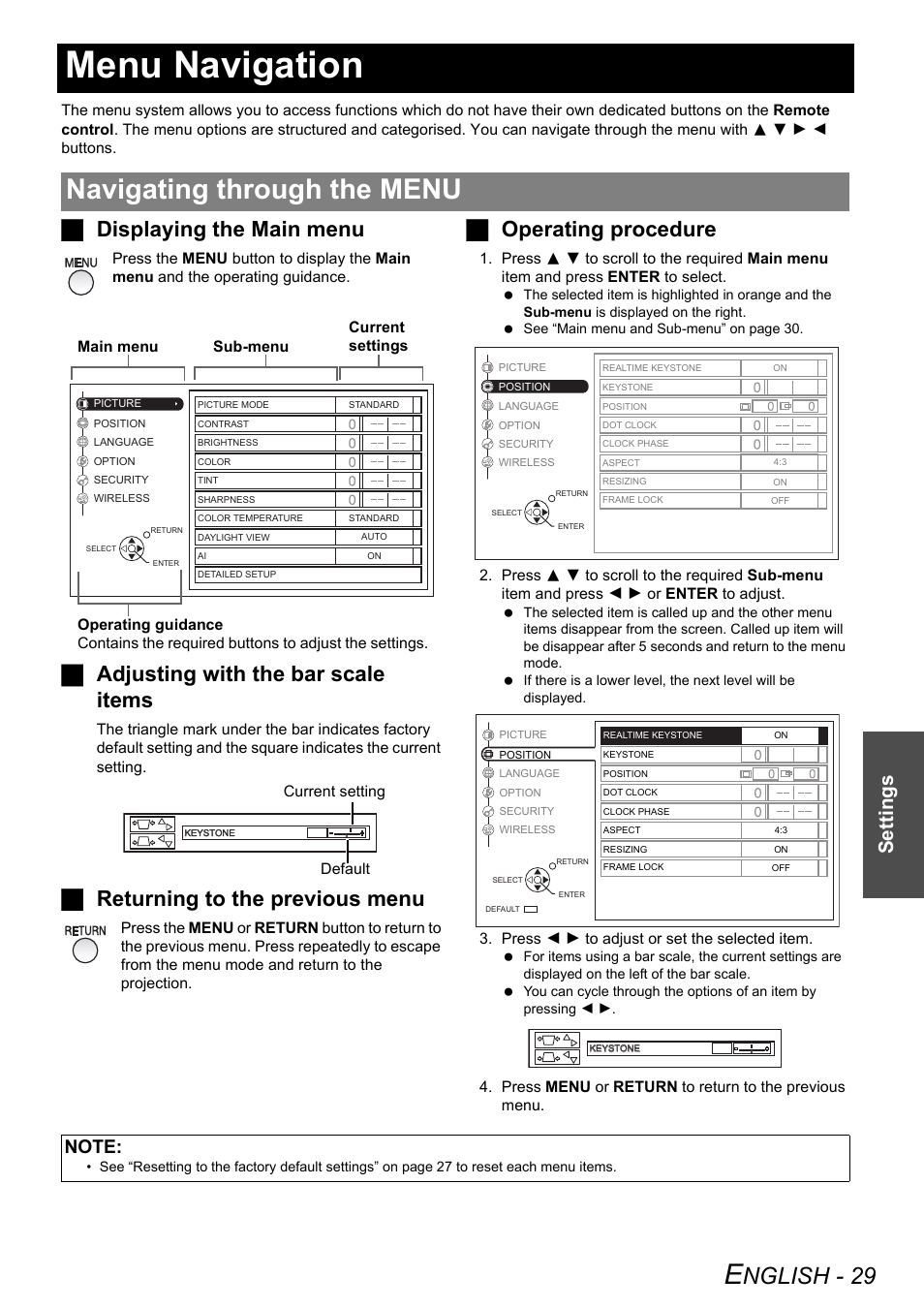 Menu navigation, Navigating through the menu, Nglish - 29 | Jdisplaying the main menu, Jadjusting with the bar scale items, Jreturning to the previous menu, Joperating procedure, Settings | Panasonic PT-LB51NTE User Manual | Page 29 / 56