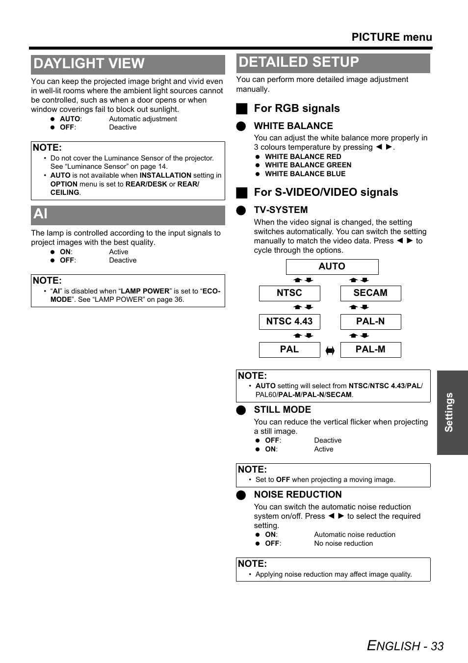 Daylight view, Detailed setup, Nglish - 33 | Picture menu, Jfor rgb signals, Jfor s-video/video signals | Panasonic PT-LB51NTE User Manual | Page 33 / 56