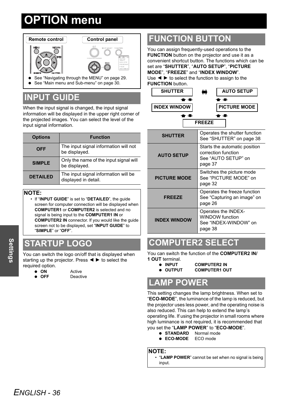 Option menu, Input guide, Startup logo | Function button, Computer2 select, Lamp power, E" (see, Computer2 select lamp power, Nglish - 36, Settings | Panasonic PT-LB51NTE User Manual | Page 36 / 56