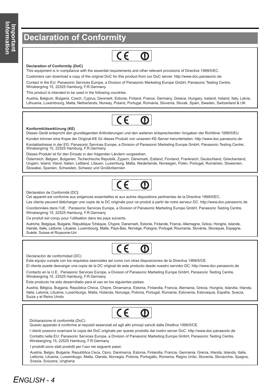 Declaration of conformity, Nglish - 4, Important information | Panasonic PT-LB51NTE User Manual | Page 4 / 56