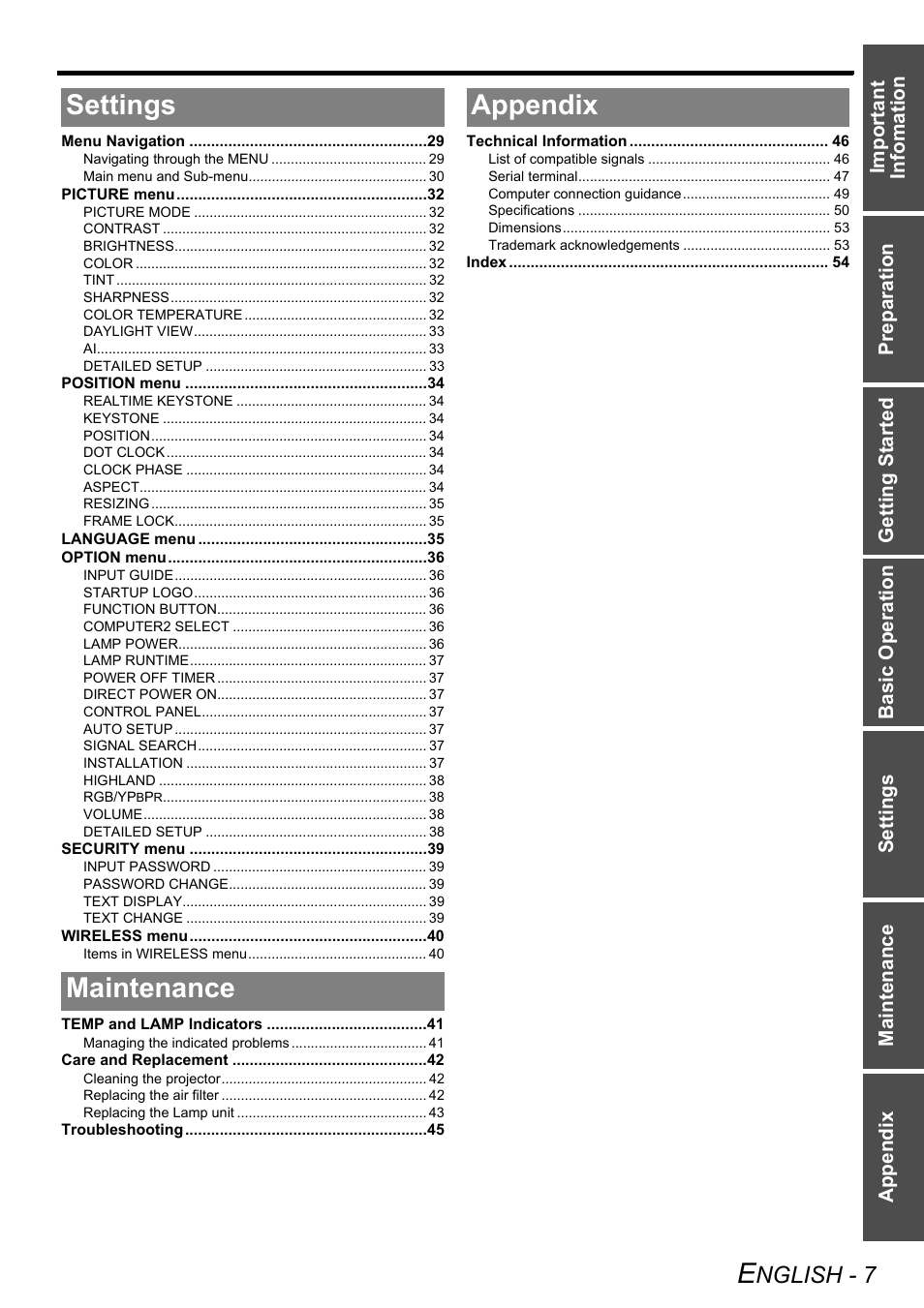 Settings maintenance appendix, Nglish - 7 | Panasonic PT-LB51NTE User Manual | Page 7 / 56