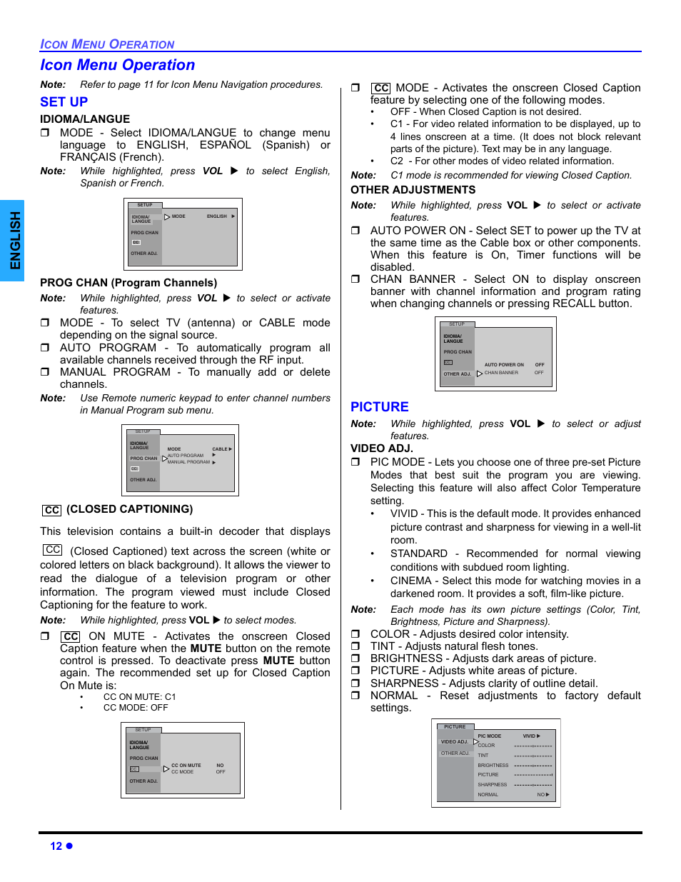 Icon menu operation, Set up, Picture | English | Panasonic CT-32E14 User Manual | Page 14 / 80