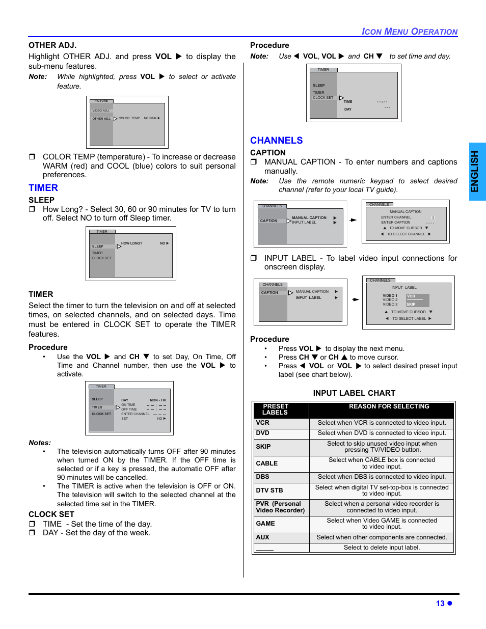 Timer, Channels, English | 13 z, Input label chart | Panasonic CT-32E14 User Manual | Page 15 / 80