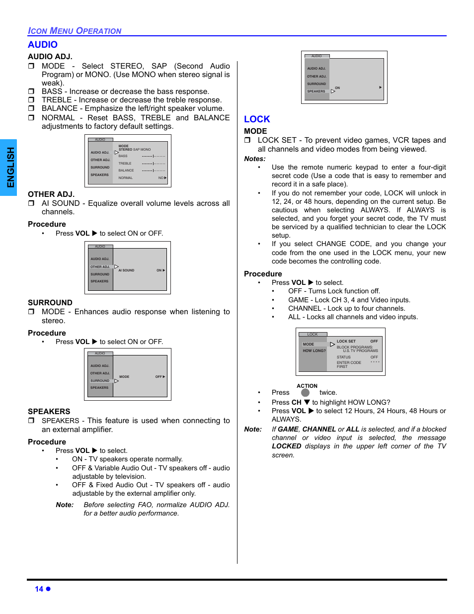 Audio, Lock, English audio | Panasonic CT-32E14 User Manual | Page 16 / 80