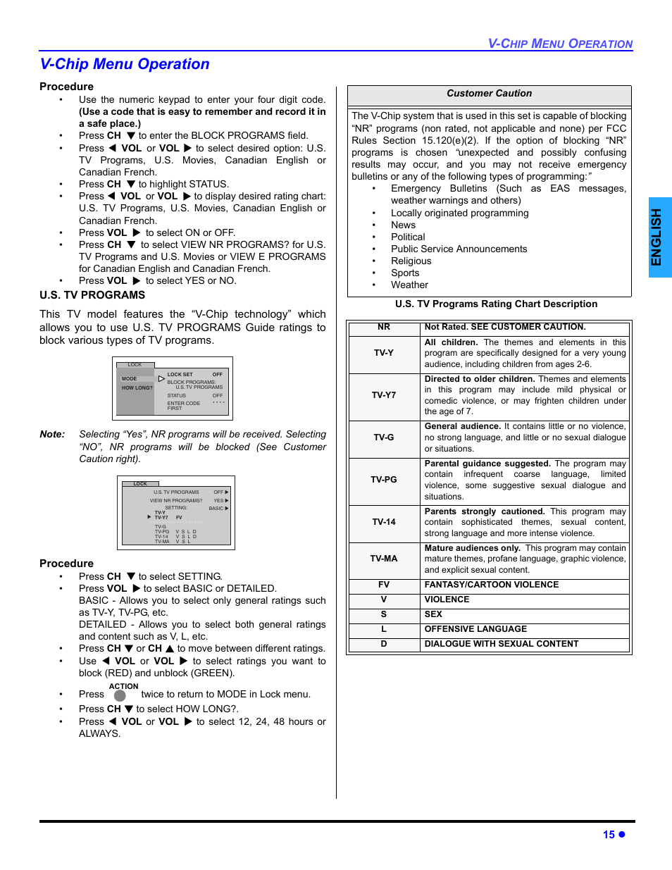 V-chip menu operation, English | Panasonic CT-32E14 User Manual | Page 17 / 80