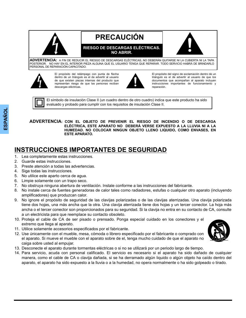 Precaución, Instrucciones importantes de seguridad | Panasonic CT-32E14 User Manual | Page 24 / 80