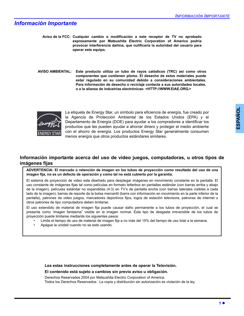 Información importante | Panasonic CT-32E14 User Manual | Page 25 / 80