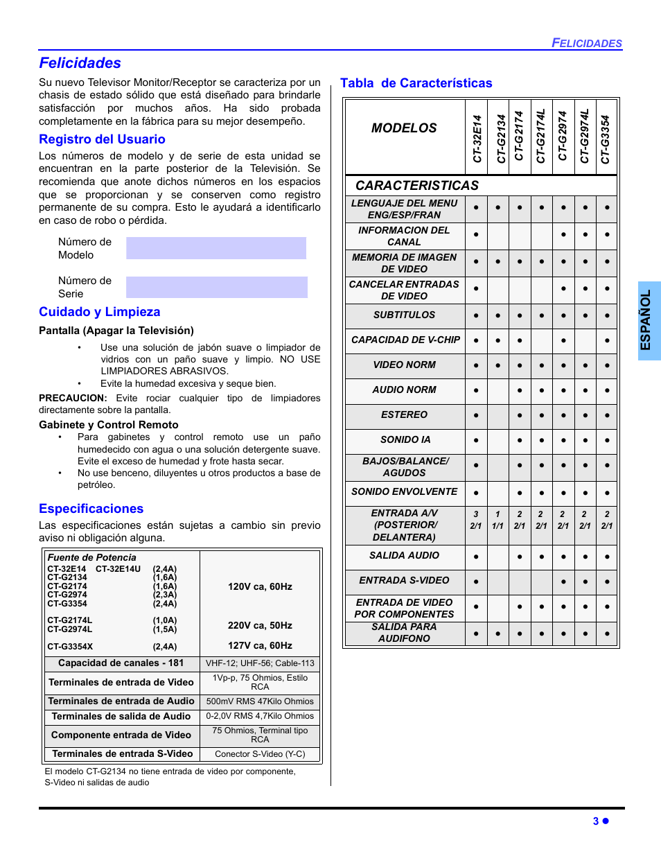 Felicidades, Es p añol, Registro del usuario | Cuidado y limpieza, Especificaciones, Tabla de características, Modelos, Caracteristicas | Panasonic CT-32E14 User Manual | Page 27 / 80