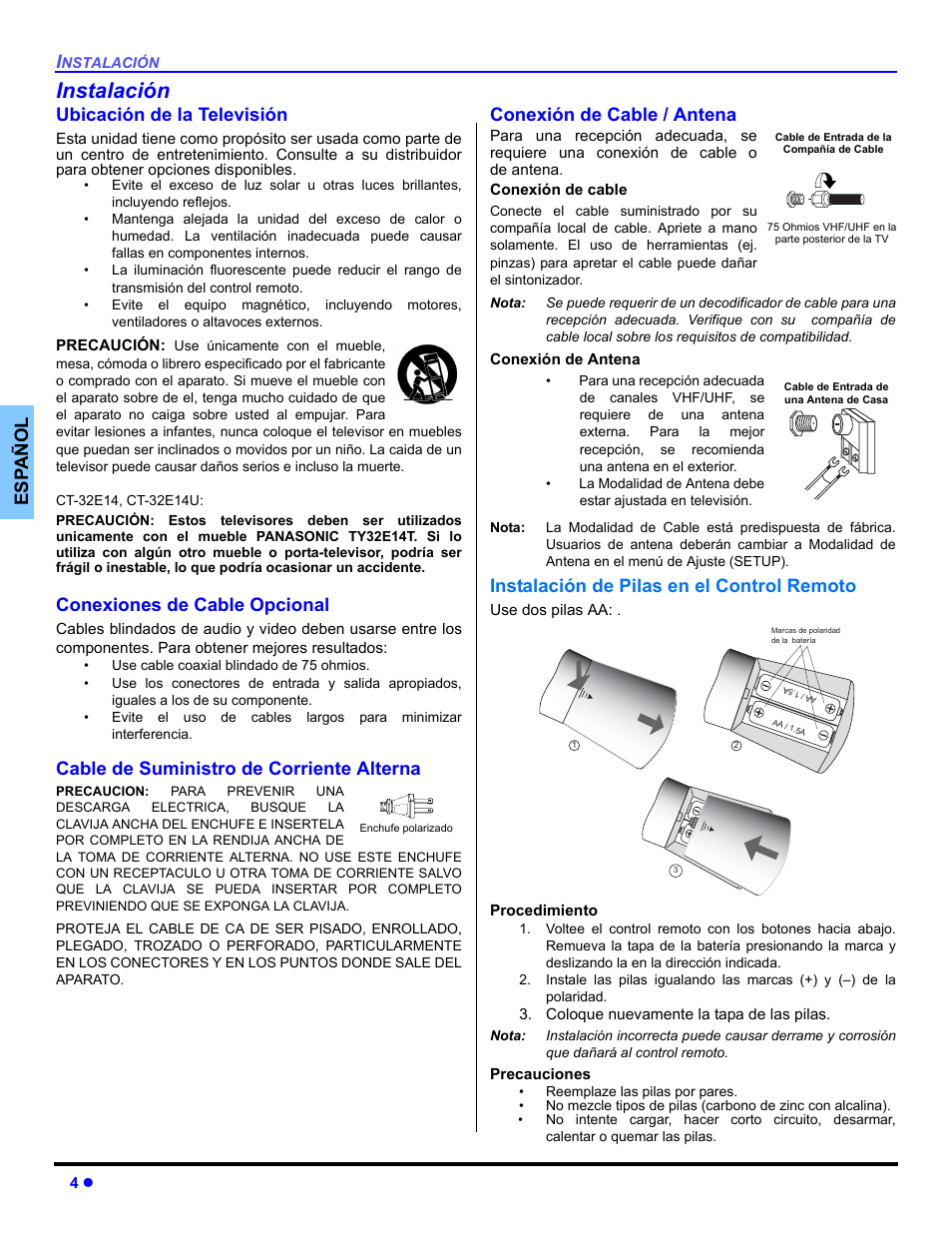 Instalacion, Instalación, Es p añol | Ubicación de la televisión, Conexiones de cable opcional, Cable de suministro de corriente alterna, Conexión de cable / antena, Instalación de pilas en el control remoto | Panasonic CT-32E14 User Manual | Page 28 / 80