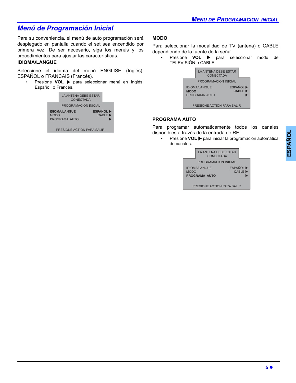 Menu de programacion inicial, Menú de programación inicial, Es p añol | Panasonic CT-32E14 User Manual | Page 29 / 80