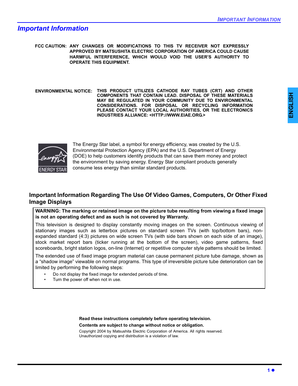 Important information | Panasonic CT-32E14 User Manual | Page 3 / 80